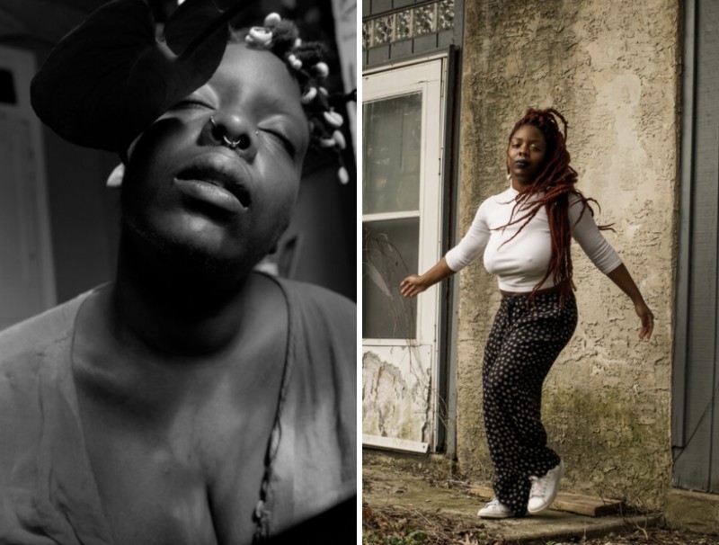 Two pictures of Shanel Edwards, one a close up and the other a movement shot as she poses with her arms slightly out